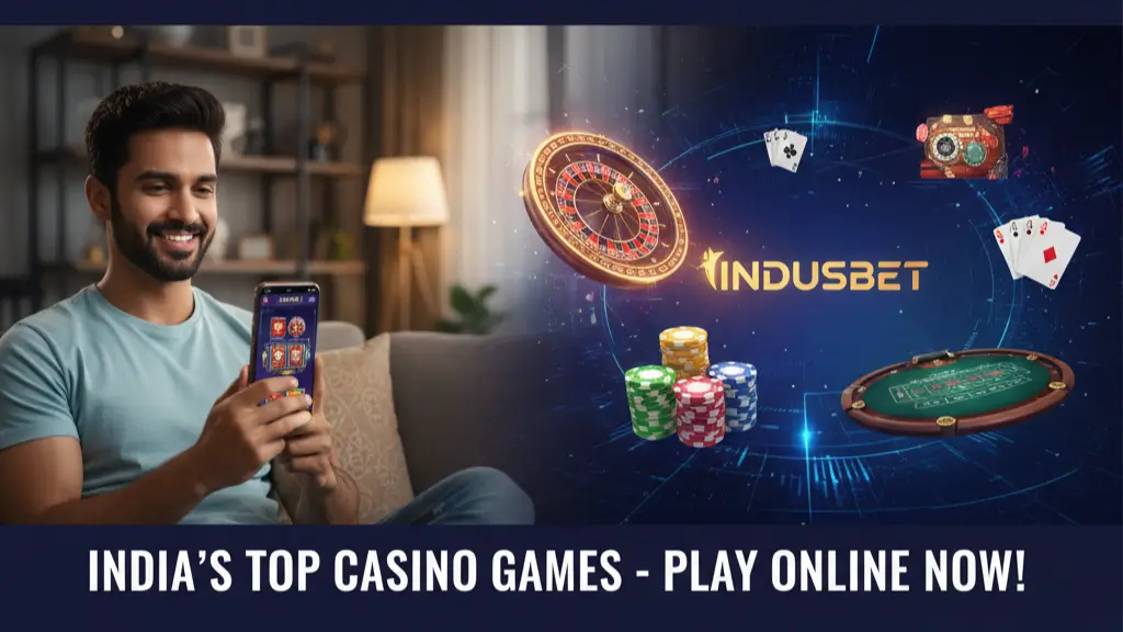 Man using smartphone to play online casino; roulette wheel, poker cards, chips, table; India gaming theme