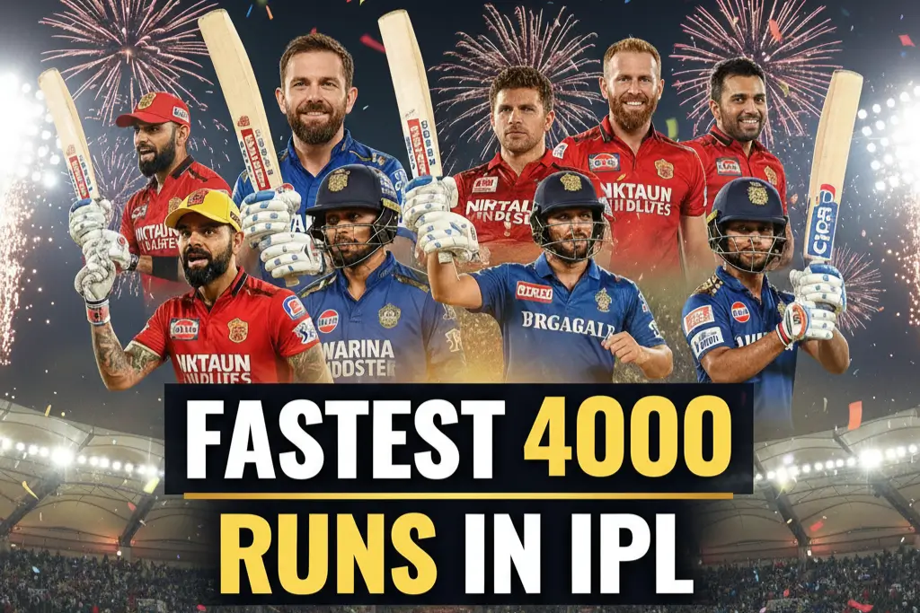 Image featuring top IPL batsmen celebrating 4000 runs, with "FASTEST 4000 RUNS IN IPL" overlay. Fireworks in background.