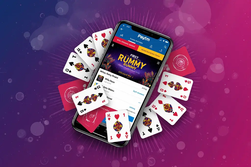 Smartphone displaying Paytm First Rummy game interface with playing cards fanned out, emphasizing mobile rummy for real cash.