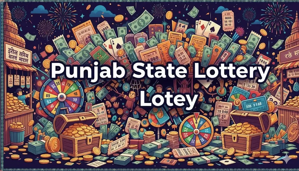 The colorful illustration about the "Punjab State Lottery" with money, treasure chests, and a spinning wheel.