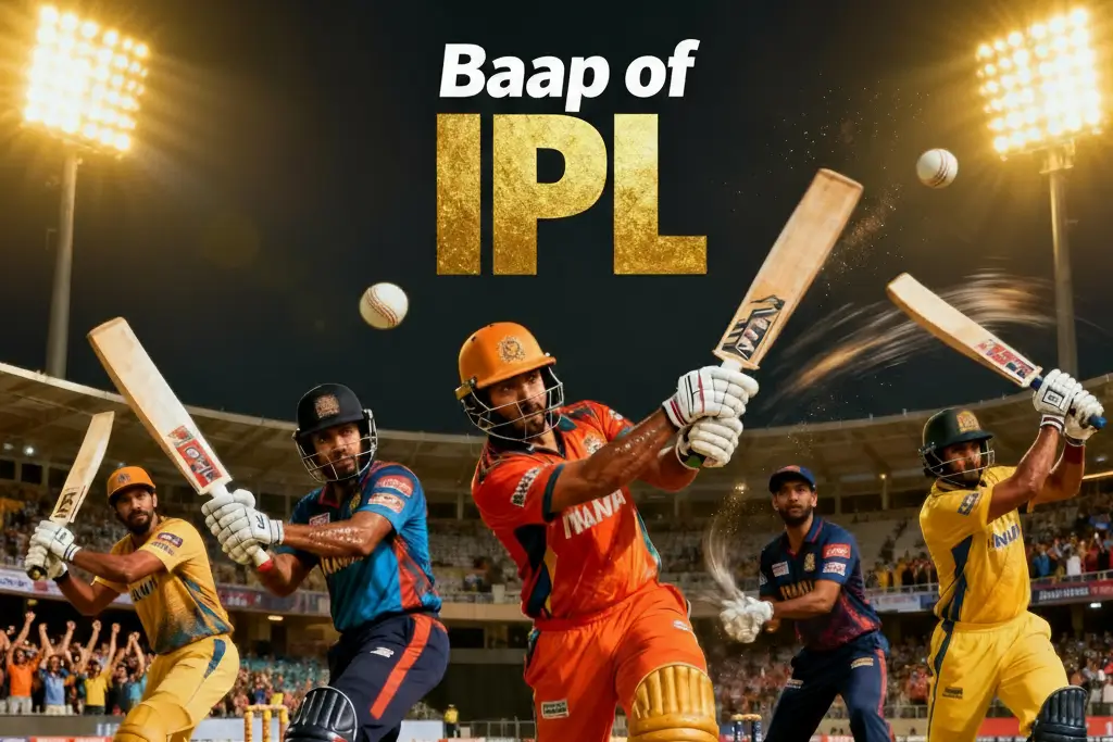 baap-of-ipl-debate-cricket-players-batting IPL cricketers batting under floodlights with the title "Baap of IPL".