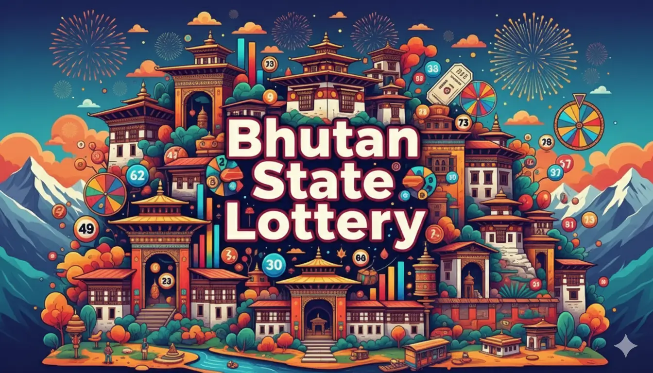 Bhutan State Lottery guide showing morning, day, and evening draw system with lottery tickets and numbers