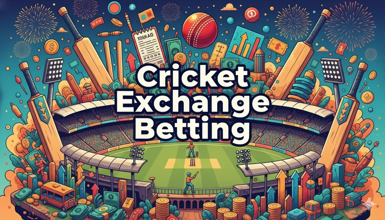 Vibrant illustration depicting cricket exchange betting with stadium, bats, balls, money, and dynamic betting elements