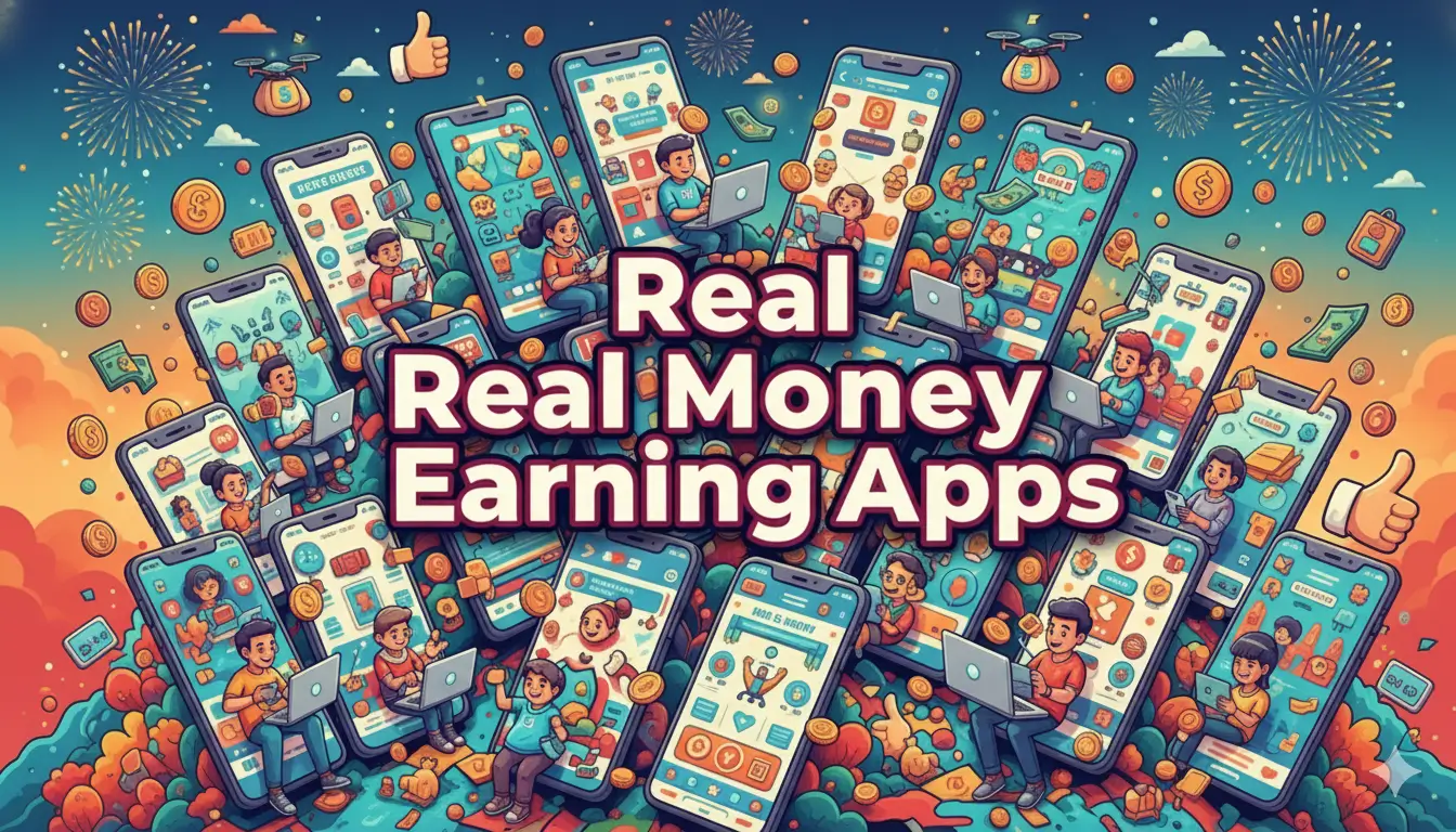Real money earning apps in India displayed on multiple smartphones with users playing games and earning cash rewards
