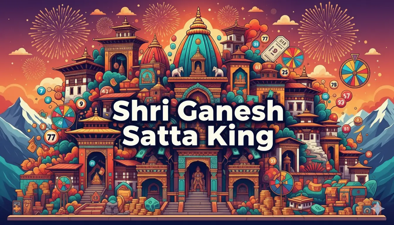 Colorful Shri Ganesh Satta King graphic featuring lottery numbers, chart elements and festive architecture