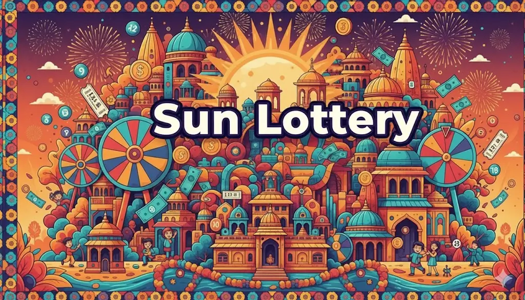 Sun Lottery result chart showing daily draw timings and winning numbers with festive celebration